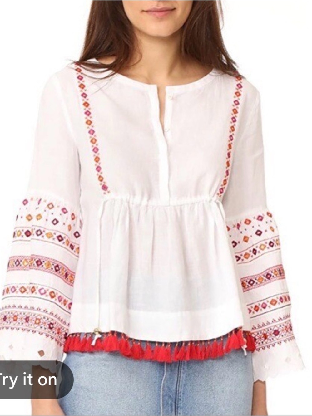 Club Monaco White Embroidered Peasant Tunic with Red Tassel Trim